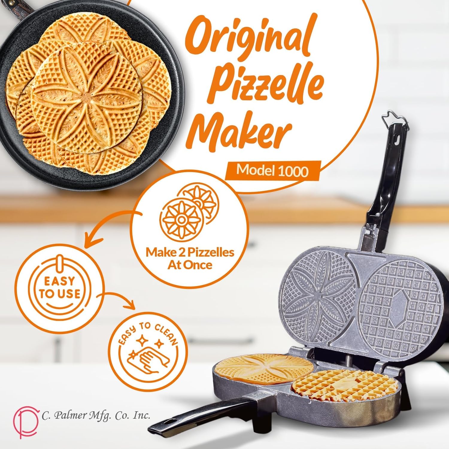 C. Palmer Pizzelle Iron Model 1000 - American Made Electric Cookie Press Makes Two 5" Pizzelles